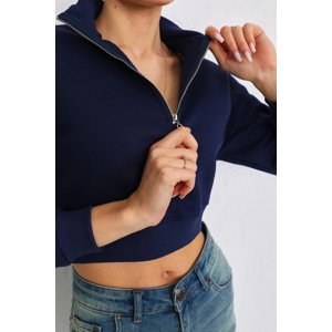 BİKELİFE Women's Navy Blue Zippered Thick Inside Fleece Knitted Sweatshirt Crop