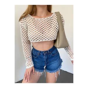 BİKELİFE Women's Beige Mesh Perforated Crop Sweater