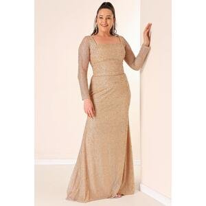 By Saygı Square Neck Lined Plus Size Long Dress with Cut Stones