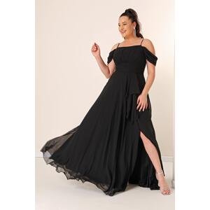 By Saygı Rope Straps Frill Front Low Sleeve Lined Plus Size Chiffon Dress