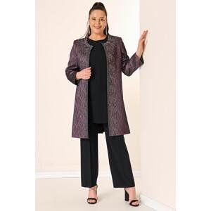 By Saygı Plus Size 3 Set Inner Sleeveless Blouse Bead Detailed Lined Jacquard Long Jacket Trousers