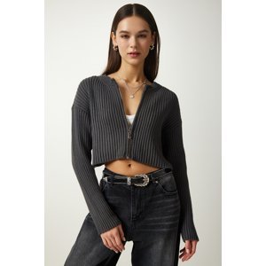 Happiness İstanbul Women's Anthracite Zippered Ribbed Crop Knitwear Cardigan