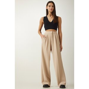 Happiness İstanbul Women's Cream Pleated Palazzo Trousers