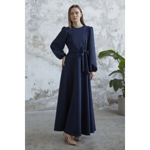 InStyle Balloon Sleeve Belted Scuba Dress - Navy Blue