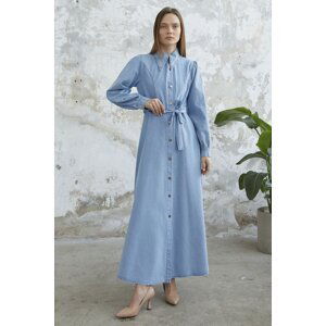 InStyle Bead Detailed Belted Denim Dress - Light Blue