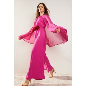 Trendyol Fuchsia Flower Belted Chiffon Satin Evening Dress Jumpsuit