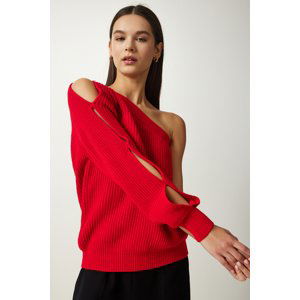 Happiness İstanbul Women's Red Window Detailed Single Sleeve Knitwear Sweater