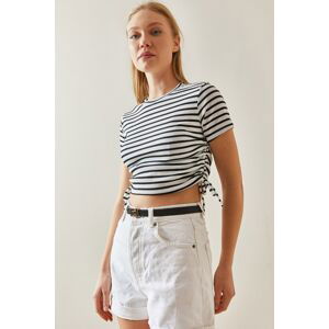 XHAN White Crew Neck Striped & Gathered Camisole T-Shirt