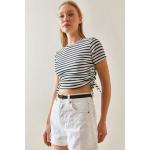 XHAN White Crew Neck Striped & Gathered Camisole T-Shirt