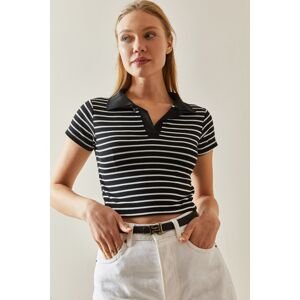XHAN Black Polo Neck Striped Camisole Crop T-Shirt 4KXK1-47903-02