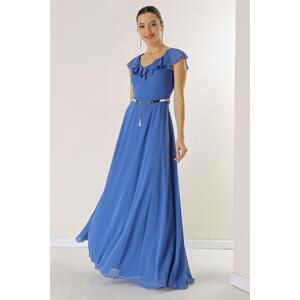 By Saygı Flounce Collar Waist Belt Lined Long Chiffon Dress