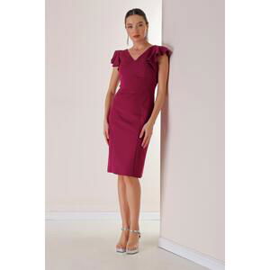 By Saygı Front Back V Neck Flounce Sleeves Lined Crepe Dress