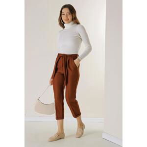 By Saygı Elastic Waist Belted Wool Effect Double Cuff Trousers with Side Pockets