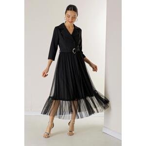 By Saygı Men's Collar Front Buttoned Waist Belted Lined Skirt Tulle Dress