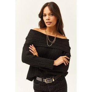 Olalook Women's Black Madonna Collar Soft Textured Knitwear Sweater