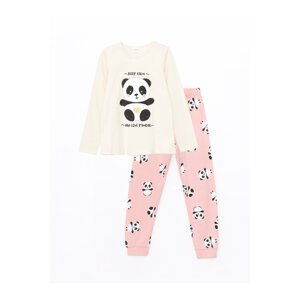 LC Waikiki Crew Neck Printed Long Sleeve Girls Kids Pajamas Set