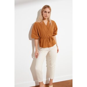 Trendyol Camel Double Breasted Woven Tie Detail Blouse