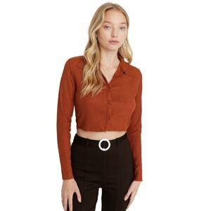 Trendyol Tile Button Fitted Polo Neck Wrap/Textured Crop Knitted Blouse