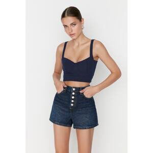 Trendyol Dark Blue High Waist Denim Shorts With Buttons