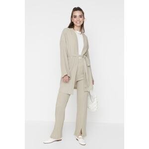 Trendyol Stone-Belted Kimono with Slit Detailed Legs and Trousers, Woven Set