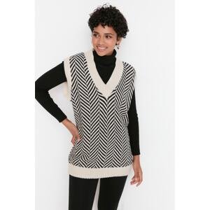Trendyol béžový pruhovaný pletený sveter s výstrihom do V