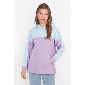 Trendyol Light Blue Color Block Hooded 100% Cotton Knitted Sweatshirt