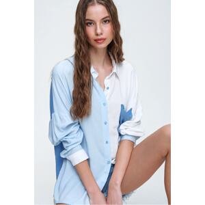 Trend Alaçatı Stili Women's Blue 3 Color Block Woven Viscose Shirt with One Pocket