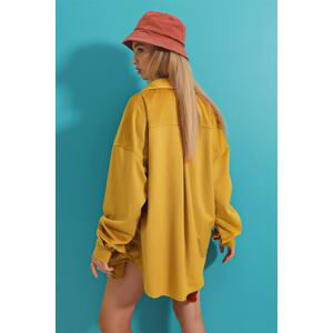 Trend Alaçatı Stili Women's Mustard Velvet Cotton Double Pocket Oversize Jacket Shirt