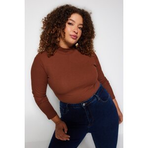 Trendyol Curve Brown High Collar Plain Bodycone Camisole Knitted Plus Size Blouse