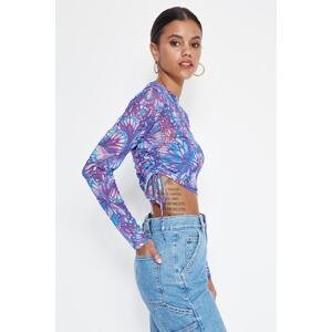 Trendyol Purple Butterfly Printed Gather Detailed Crew Neck Basic Crop Flexible Tulle Knitted Blouse
