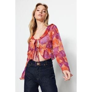 Trendyol Pink Floral Patterned Tie and Ruffle Detailed Crop Stretchy Tulle Knitted Blouse