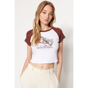 Trendyol Brown 100% Cotton Printed Fitted Crop Crew Neck Knitted T-Shirt
