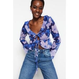Trendyol Blue Floral Patterned Tie and Ruffle Detailed Crop Stretchy Tulle Knitted Blouse