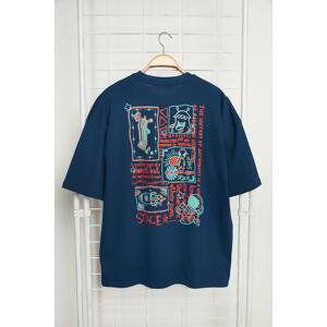 Trendyol Navy Blue Oversize Crew Neck Short Sleeve Back Printed 100% Cotton T-Shirt