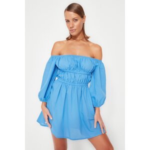 Trendyol modrá mini väzba plisované plážové šaty zo 100% bavlny