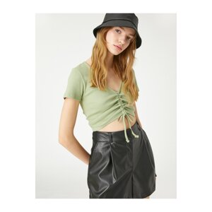 Koton Crop T-Shirt V-Neck Short Sleeves Draped