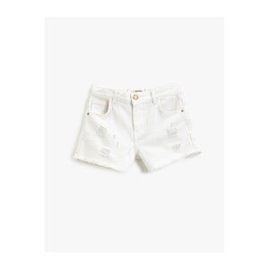 Koton Denim shorts with pockets, frayed details, cotton tassels around the edges, and an adjustable elasticated waist.