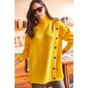 Olalook Women's Yellow Soft Textured Oversized Sweater with Side Buttons