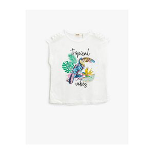 Koton Parrot Stamp Sequin Embroidered T-Shirt Window Detail Sleeveless