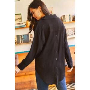 Olalook Women's Black Buttoned Back Long Textured Oversize Shirt