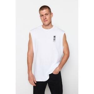 Trendyol White Oversize/Wide Cut Text Printed 100% Cotton Sleeveless T-Shirt/Sleeve