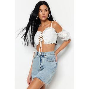 Trendyol White Crop Woven Ruffle 100% Cotton Blouse