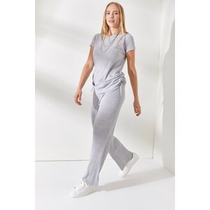 Olalook Women Gray Gathered Blouse Palazzo Trousers Suit