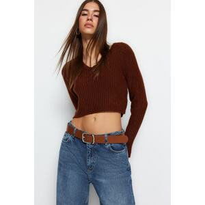 Trendyol Brown Crop Soft Textured Basic Knitwear Sweater