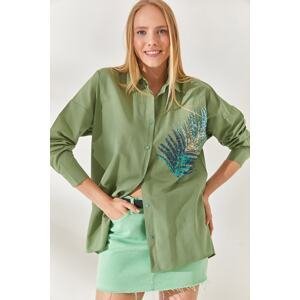Olalook Mildew Green Palm Sequin Detail Oversize Woven Poplin Shirt