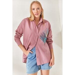 Olalook Pale Pink Palm Sequin Detailed Oversize Woven Poplin Shirt