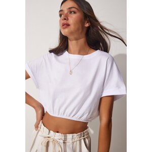 Happiness İstanbul Women's White Crop T-Shirt with Elastic Waist