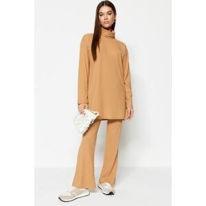 Trendyol Camel Turtleneck Tunic-Pants Knitted Set