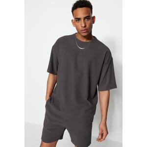 Trendyol Limited Edition Basic Gray Oversize/Wide Fit Textured Anti-Wrinkle Ottoman T-Shirt