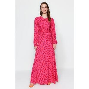 Trendyol Floral Patterned Fuchsia Woven Dress with Stitching Detail at the Waist